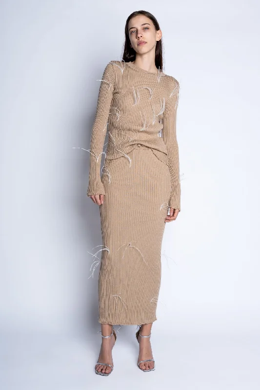 BEIGE MERINO WOOL FEATHER LONG SKIRT