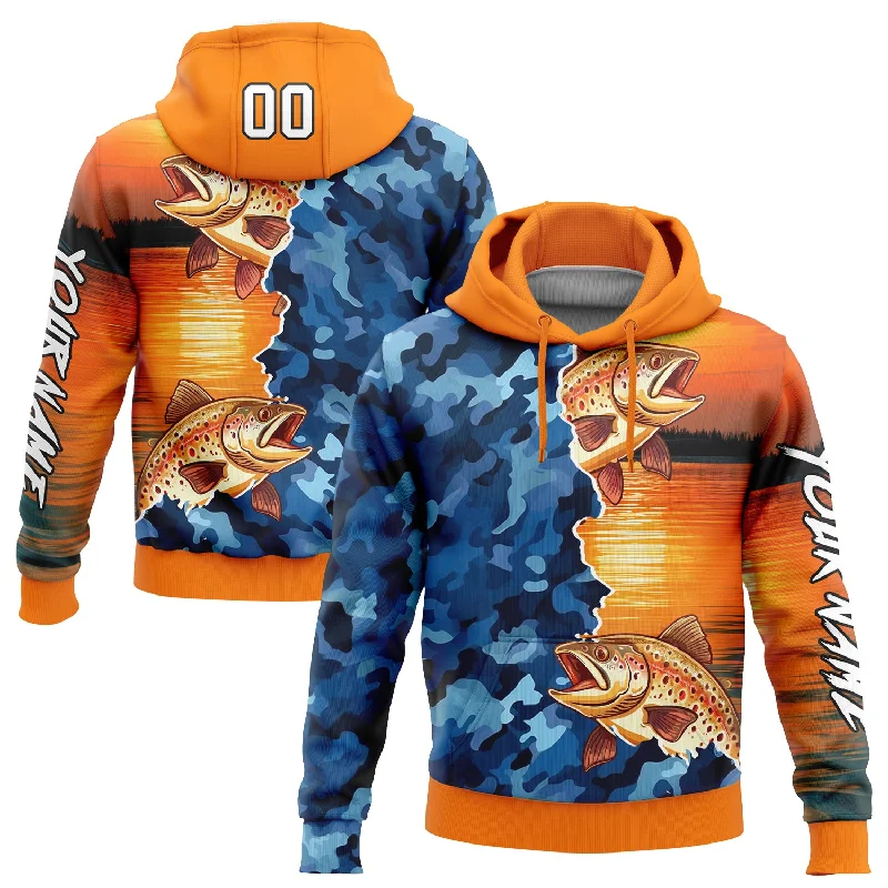 Custom Stitched Bay Orange Camo-Black 3D Trout Fish Fishing Sports Pullover Sweatshirt Hoodie