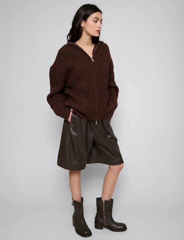 Brown Zip Funnel Neck Sweater