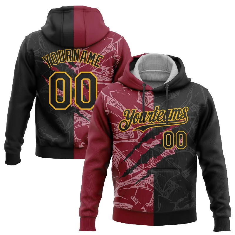 Custom Stitched Graffiti Pattern Black Crimson-Gold 3D Scratch Sports Pullover Sweatshirt Hoodie