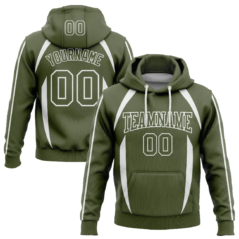 Custom Stitched Olive White 3D Pattern Design Contrast Color Stripe Sports Pullover Sweatshirt Hoodie