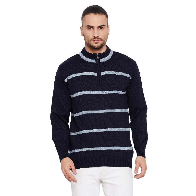 Men's Striped Navy Blue High Neck Full Sleeve Casual Sweater