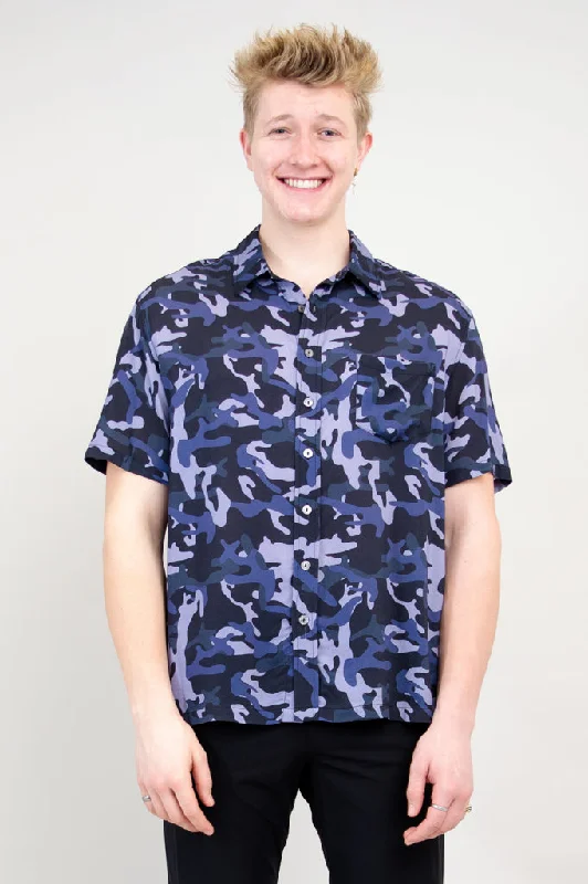 Dino Shirt, Indigo Camo, Woven Bamboo