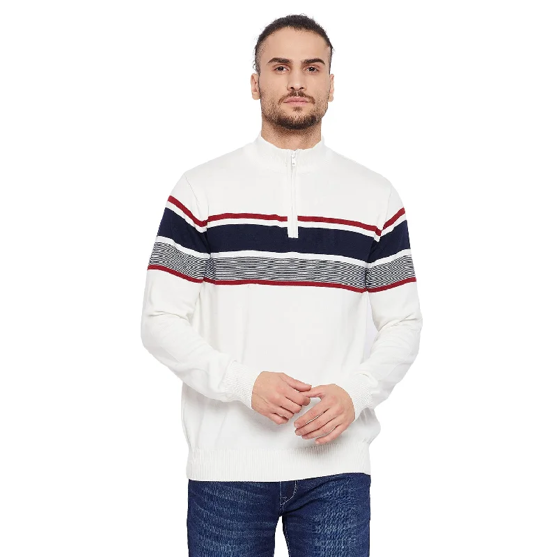 Men's Striped Off-White High Neck Full Sleeves Casual Sweater