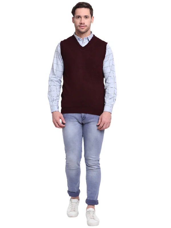 Men's Solid Wine V-Neck Sleeveless Reversible Casual Sweater