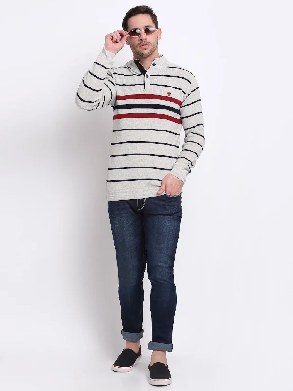 Men's Striped Grey High Neck Full Sleeves Casual Sweater