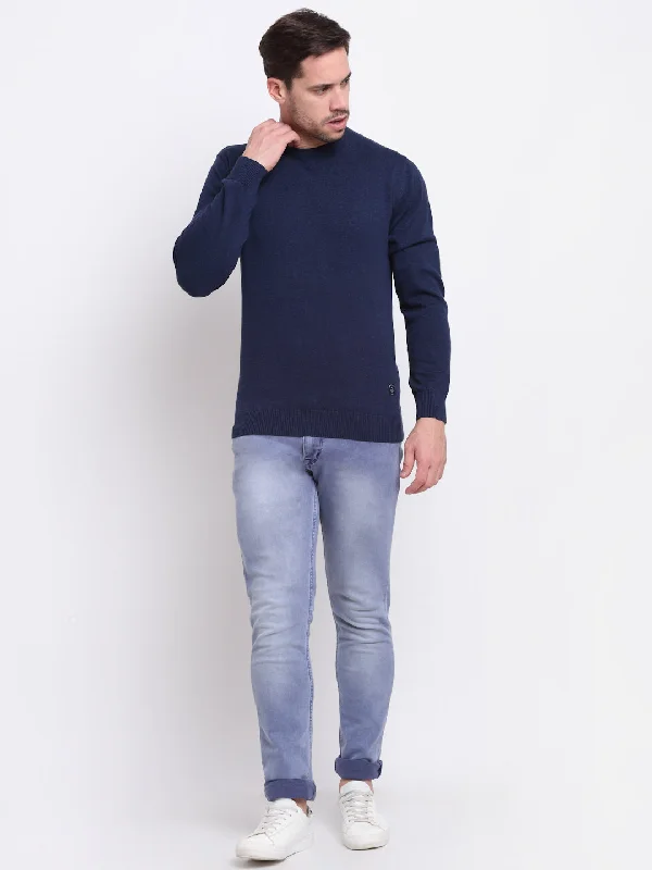 Men's Solid Blue Round Neck Full Sleeves Casual Sweater