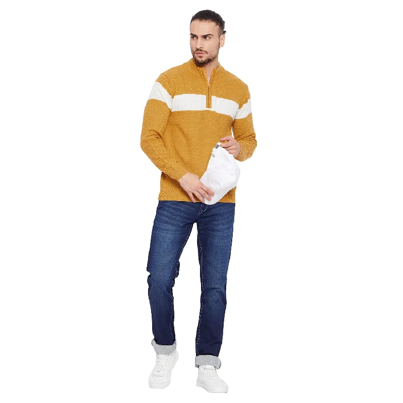 Men's Striped Mustard High Neck Full Sleeve Casual Sweater