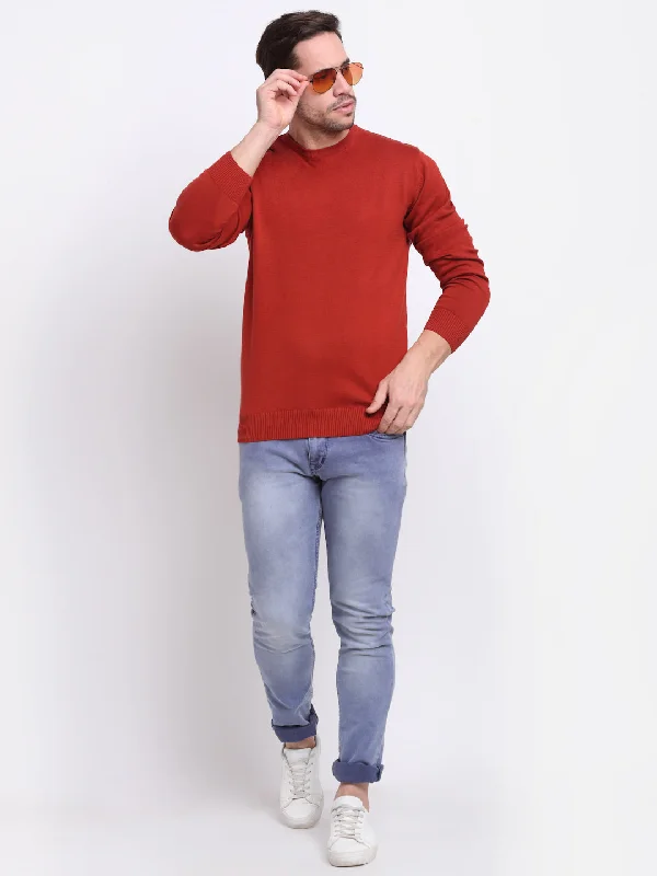 Men's Solid Rust Round Neck Full Sleeves Casual Sweater