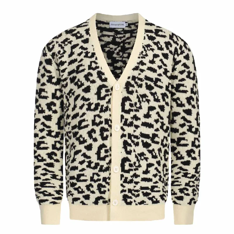 Men's vintage leopard print jacquard cardigan sweater