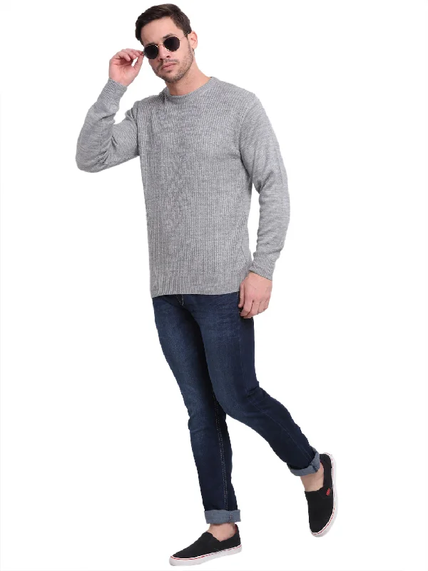 Men's Self Design Grey Round Neck Full Sleeves Casual Sweater