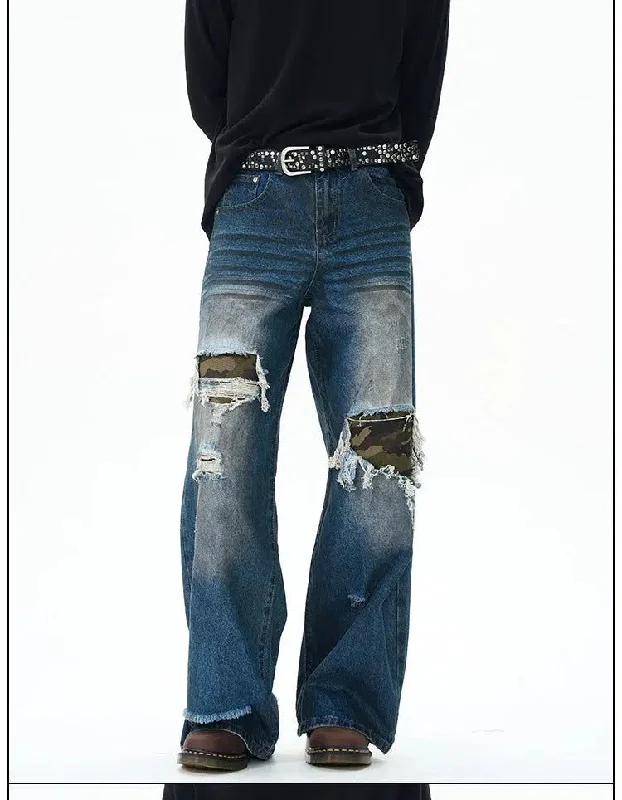 Distressed Camo Patched Jeans