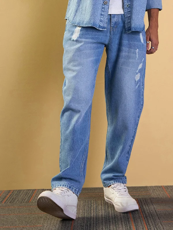 Men Blue Washed Distressed Relax Fit Jeans