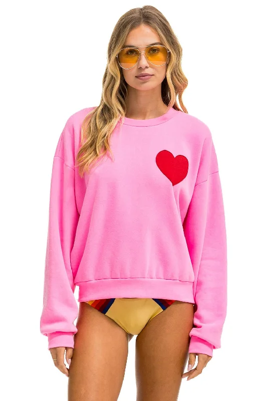 HEART STITCH RELAXED CREW SWEATSHIRT - NEON PINK