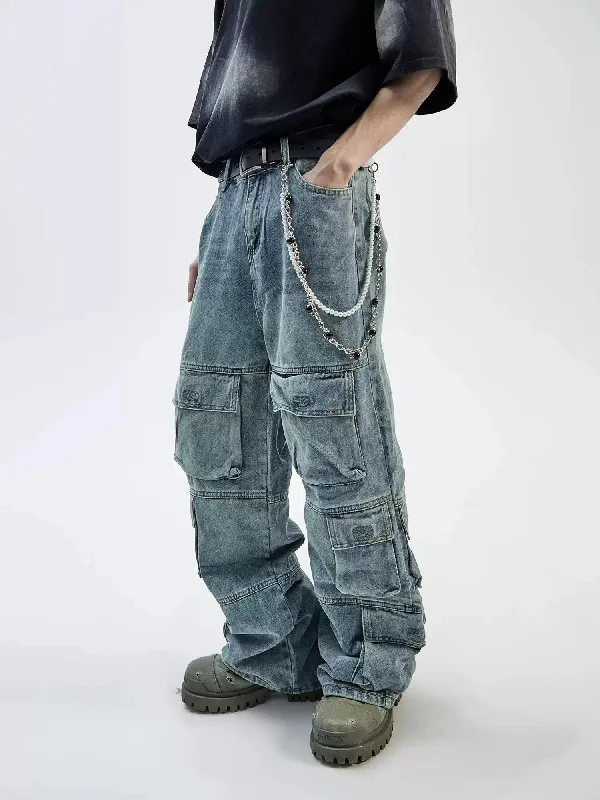 Distressed Fade Multi-Pocket Cargo Jeans