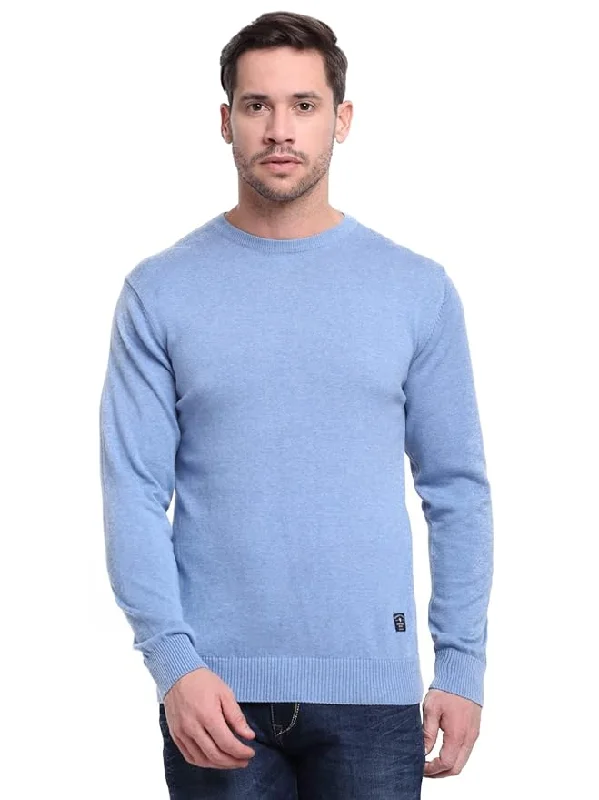 Men's Solid Blue Round Neck Full Sleeves Casual Sweater