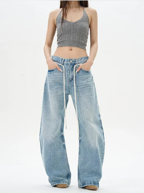 Light Washed Drawstring Waist Jeans