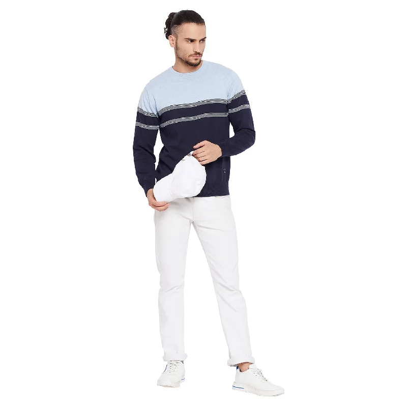 Men's Striped Navy Blue Round Neck Full Sleeves Casual Sweater