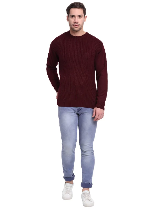 Men's Self Design Maroon Round Neck Full Sleeves Casual Sweater