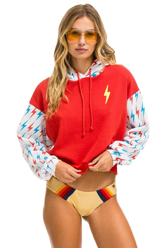 AVIATOR BOLT COLOR BLOCK W/ BOLT EMBROIDERY RELAXED CROPPED PULLOVER HOODIE - RED // USA