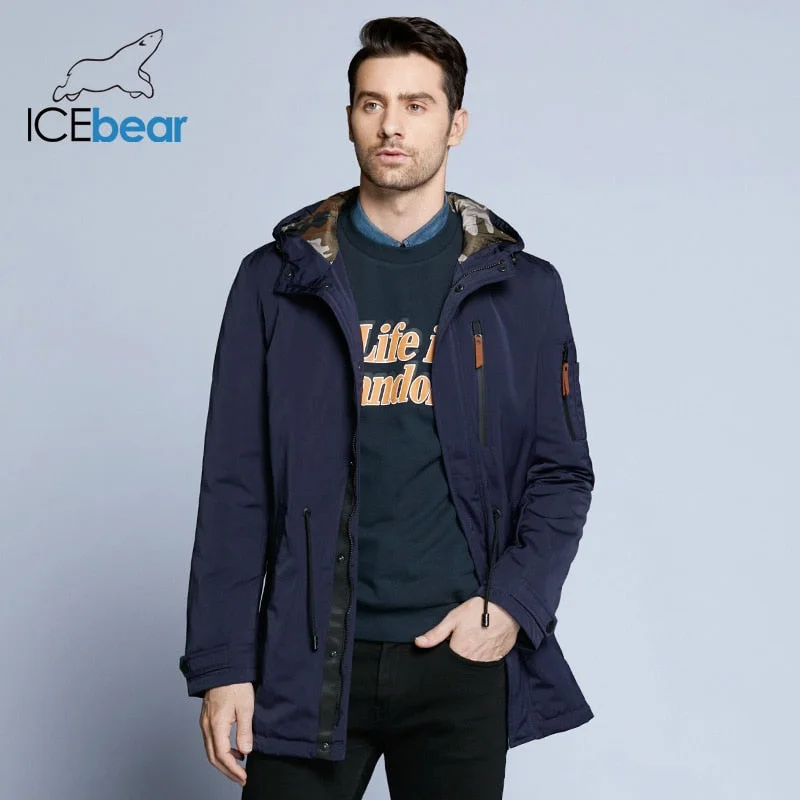 ICEbear 2018 Trench Coat For Men Adjustable Waist Hat Detachable Autumn Men New Casual Medium Long Brand Coats 17MC017D